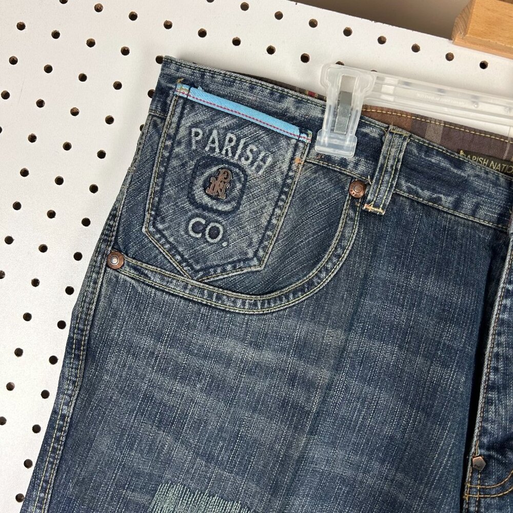 Parish Nation Y2K Blue Jeans 42x34 Distressed Worn Upcycled Skater Grunge Dark - Picture 3 of 9